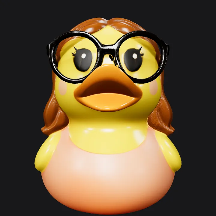 rubber duck with brown hair and red dress. smooth edges, simple geometry, character, symmetric geometry.