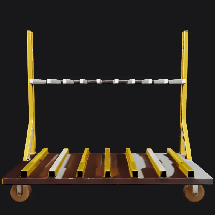 Storage rack with wheels for pipes. sharp edges, simple geometry, symmetric geometry.