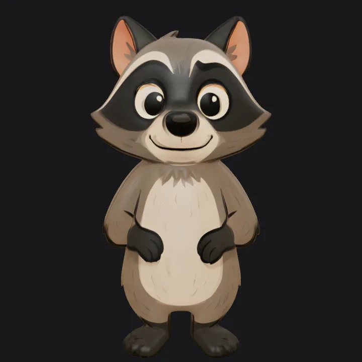 Cartoon raccoon character facing backward. smooth edges, simple geometry, game-ready, character, symmetric geometry.
