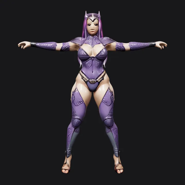 woman in purple armored bodysuit posing. sharp edges, complex geometry, game-ready, character, symmetric geometry.