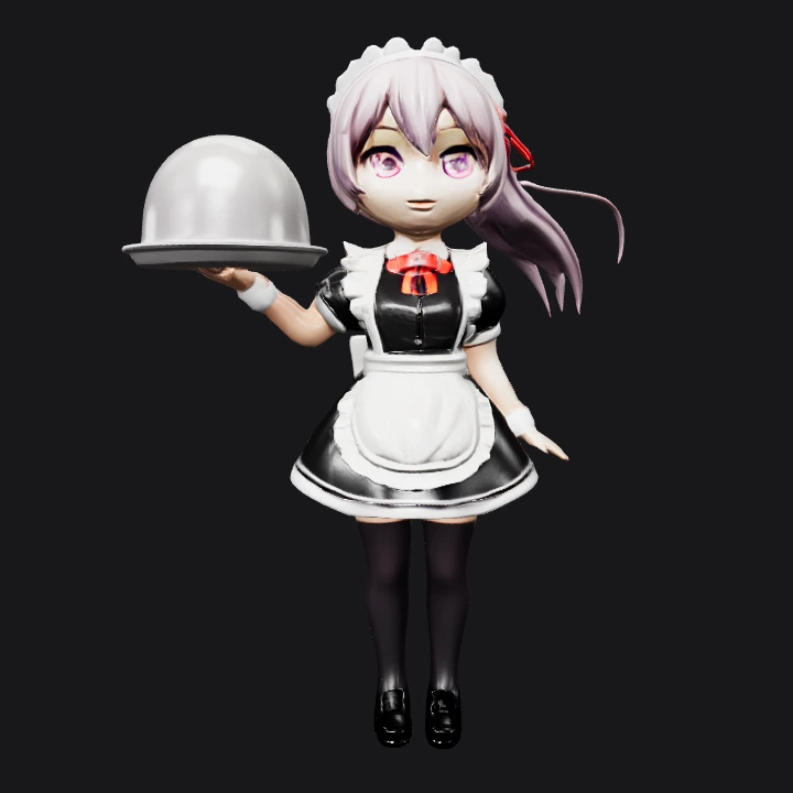 Anime-style maid holding a serving tray. smooth edges, complex geometry, character.