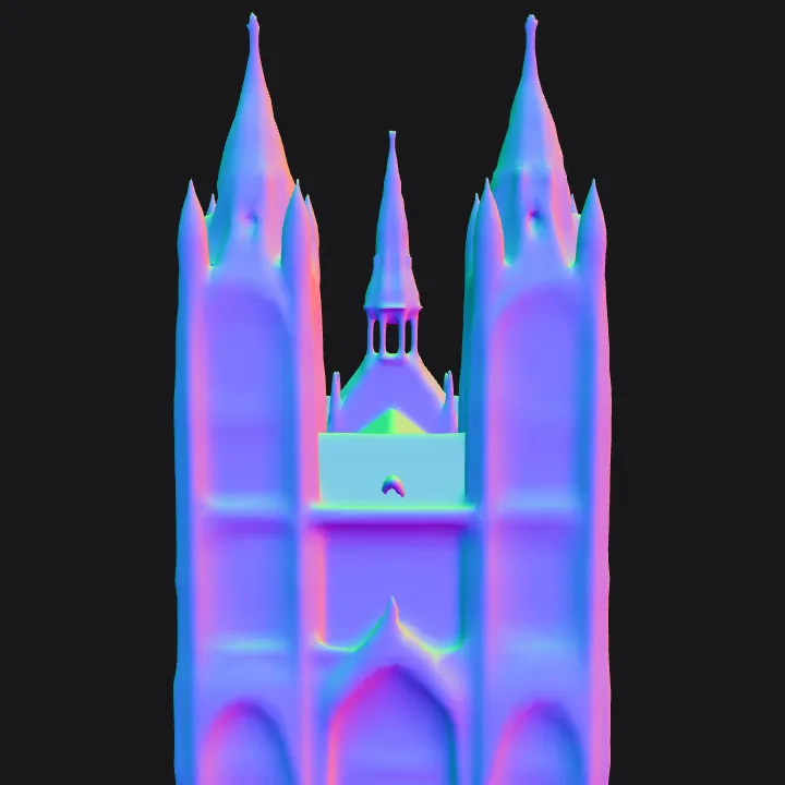 Gothic-style cathedral façade. sharp edges, complex geometry, symmetric geometry.