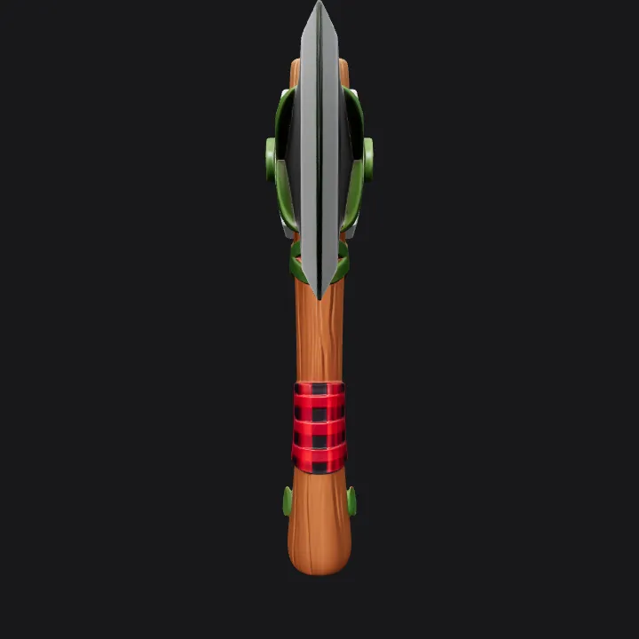 Cartoonish axe with wooden handle. sharp edges, smooth edges, simple geometry, game-ready, symmetric geometry.