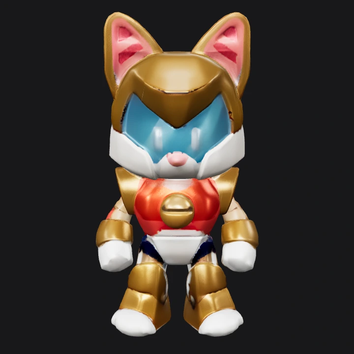 Robot cat character in armor suit. smooth edges, complex geometry, game-ready, character, symmetric geometry.