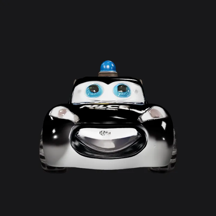 cartoon police car toy with eyes. smooth edges, simple geometry, game-ready, character, symmetric geometry.