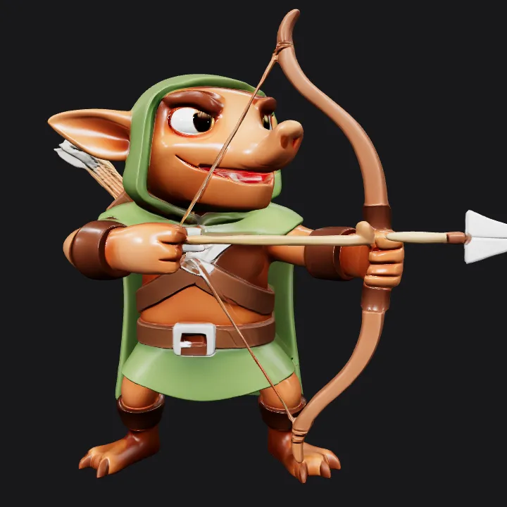 Goblin archer in green hood. smooth edges, complex geometry, game-ready, character.