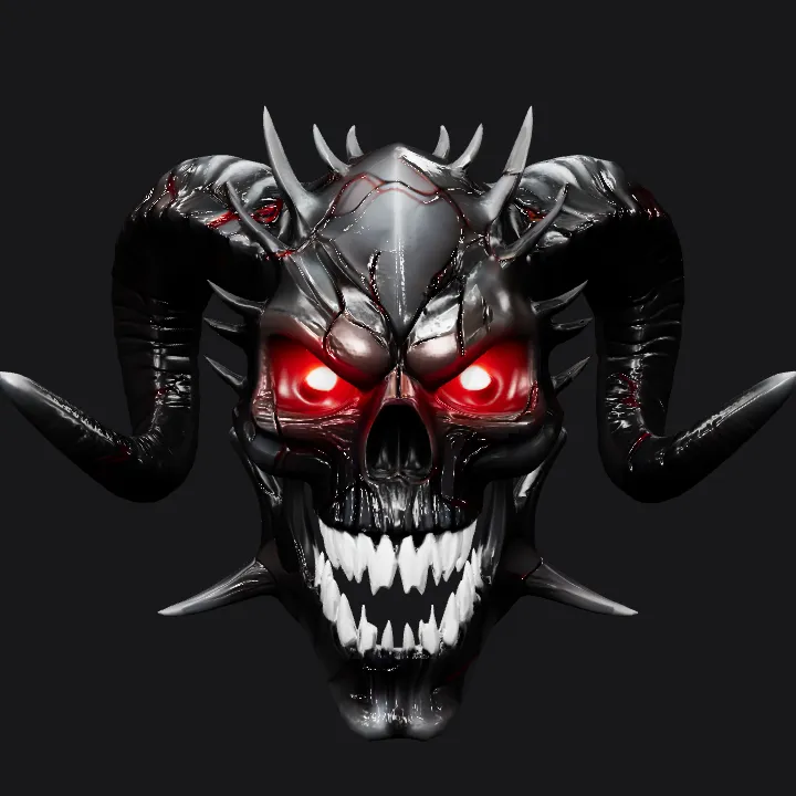 Demonic skull with horns and glowing eyes. sharp edges, complex geometry, character, symmetric geometry.