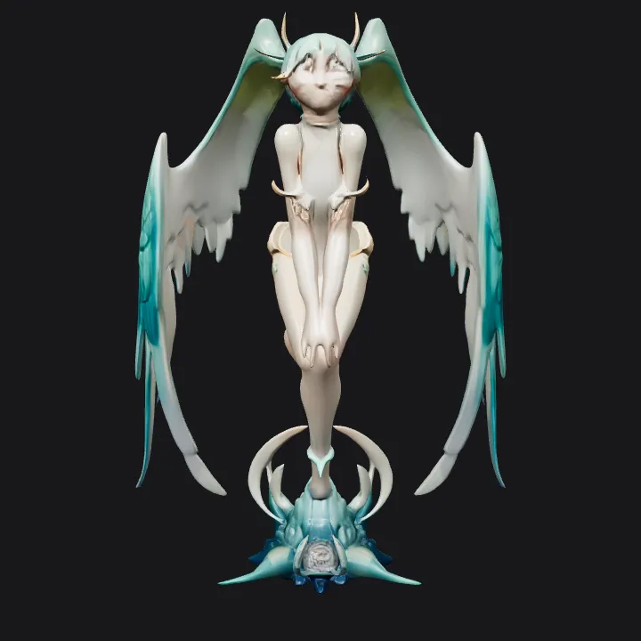Fantasy angelic female figurine with wings and horns. complex geometry, sharp edges, character.