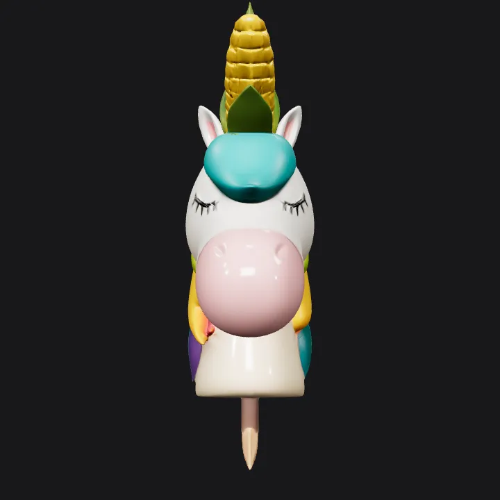 Colorful cartoon unicorn head sculpture. smooth edges, simple geometry, game-ready, character, symmetric geometry.