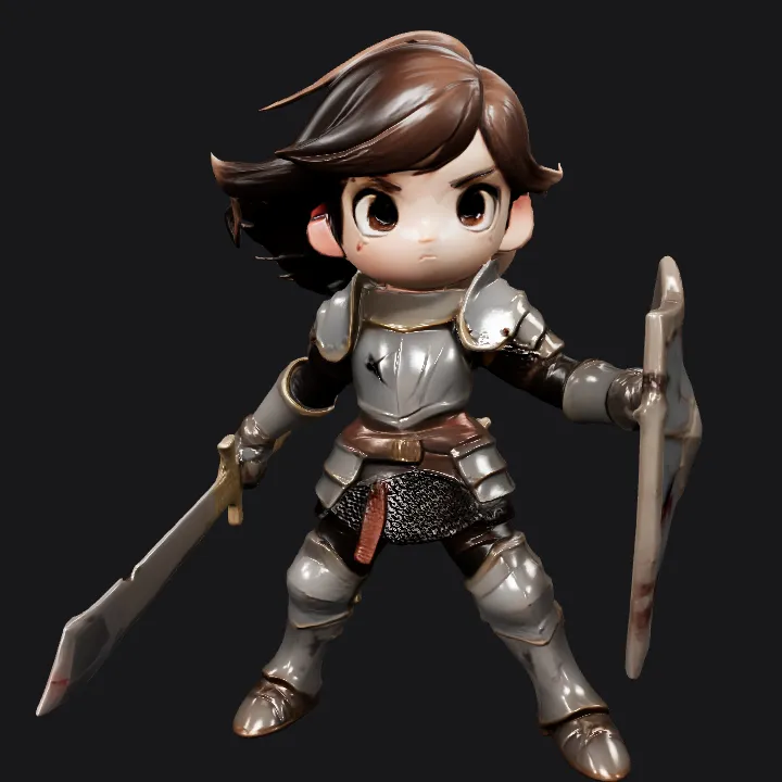 Chibi knight character with sword and shield. sharp edges, complex geometry, game-ready, character.