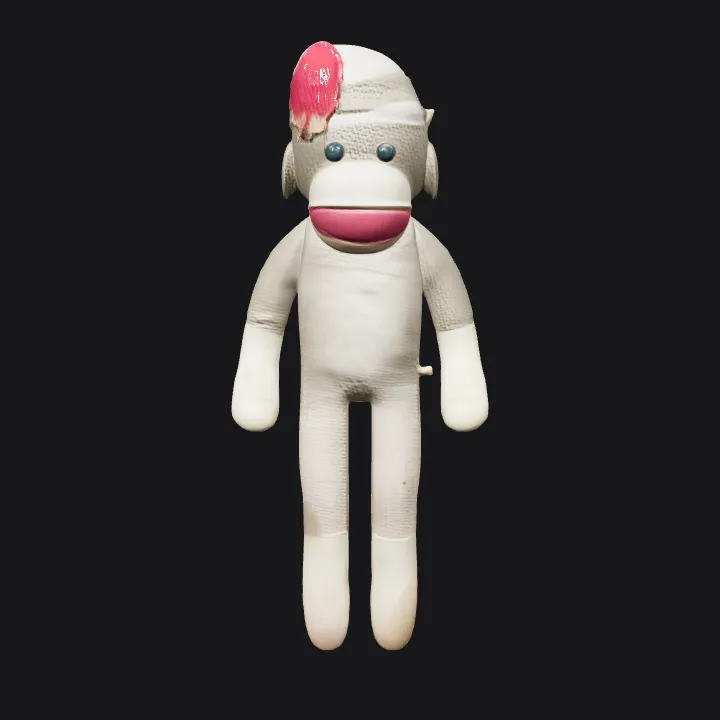 sock monkey plush toy. smooth edges, simple geometry, character, symmetric geometry.