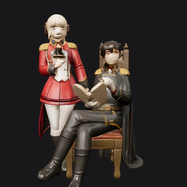two people in military-themed uniforms. complex geometry, smooth edges, character.