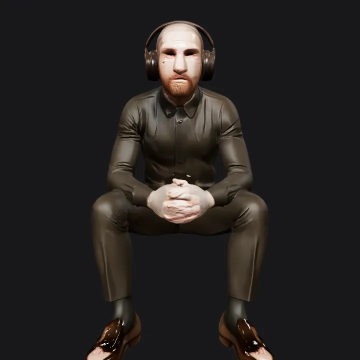 Man squatting with headphones. complex geometry, smooth edges, character.