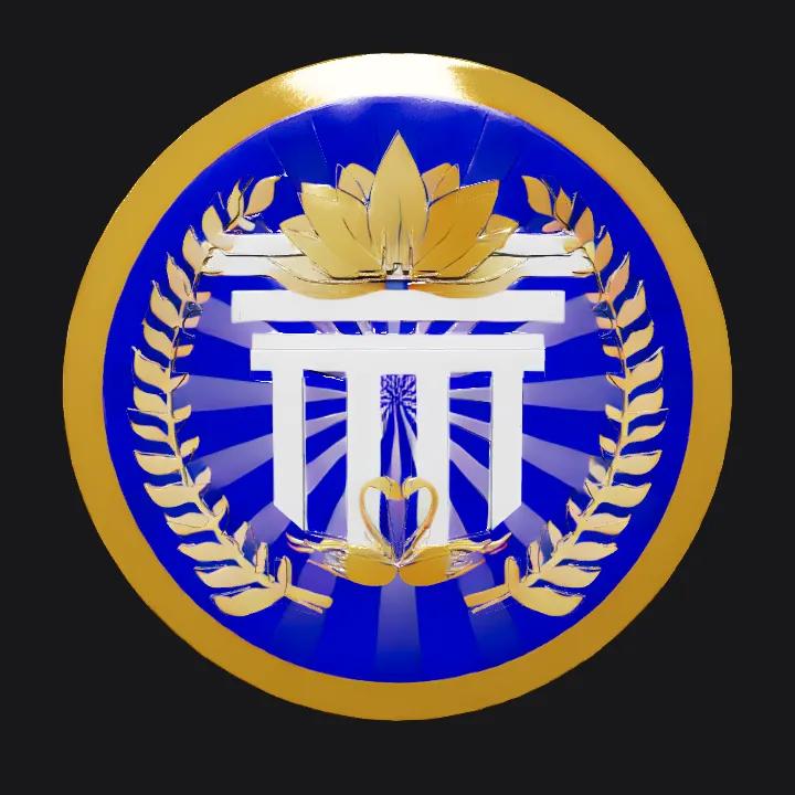 Emblem with lotus, laurel, columns, and swans. sharp edges, simple geometry, symmetric geometry.