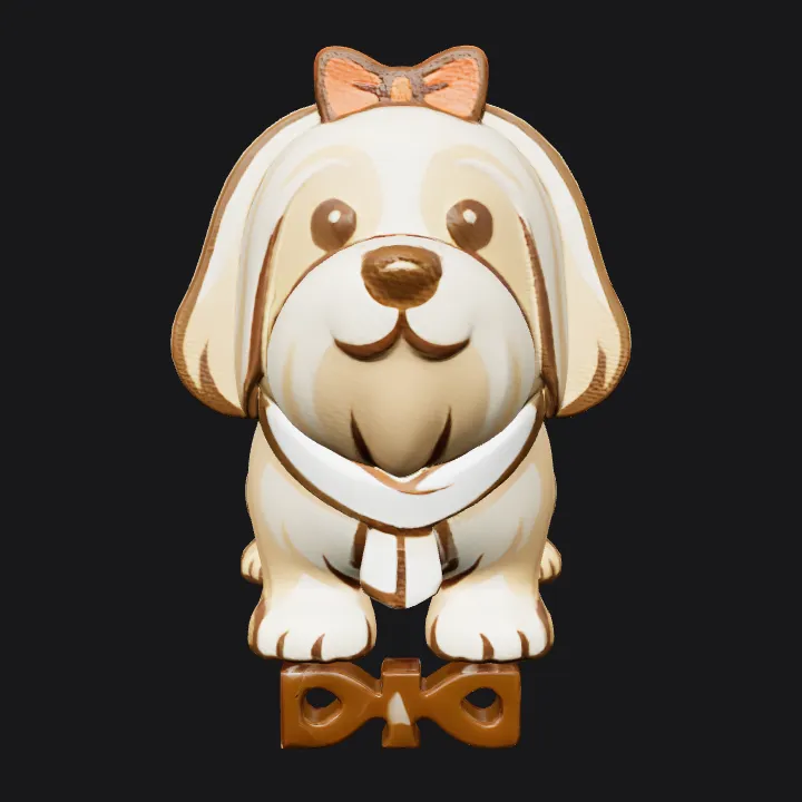 Cartoon dog wearing a red bow and scarf. smooth edges, simple geometry, game-ready, character, symmetric geometry.
