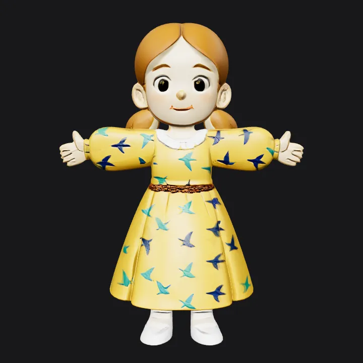 Girl with long dress and bird pattern. simple geometry, smooth edges, character, symmetric geometry.