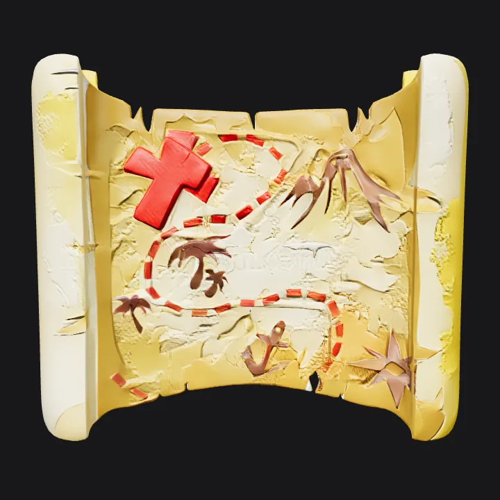 old treasure map with icons and red X. sharp edges, complex geometry.