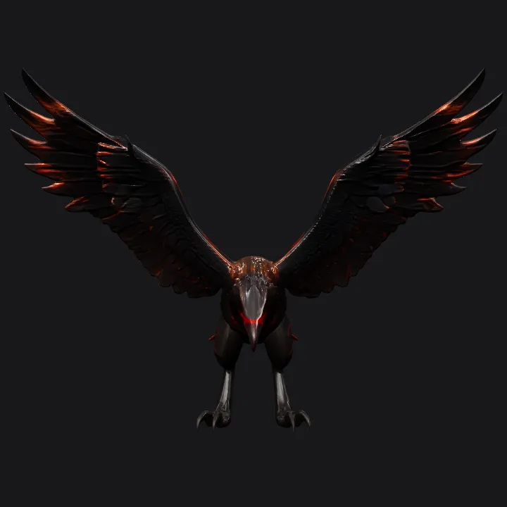 Fiery demonic bird with outstretched wings. sharp edges, complex geometry, game-ready, character.