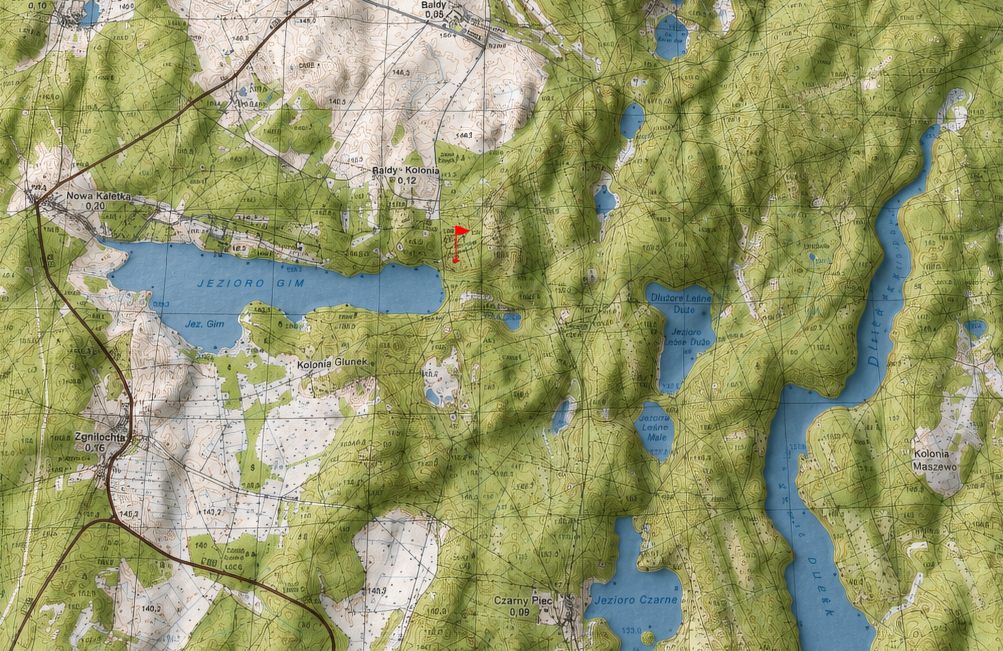Mapa terenu gry — Jezioro Gimek i okolice, pofałdowany teren z warstwicami