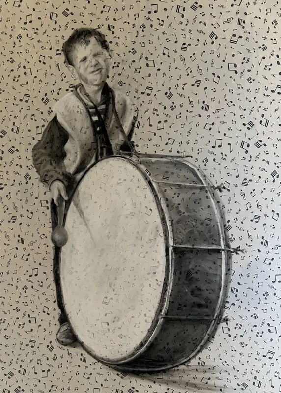 A man in black and white stands behind a large bass drum, holding a mallet, against a pale background scattered with black musical notes.