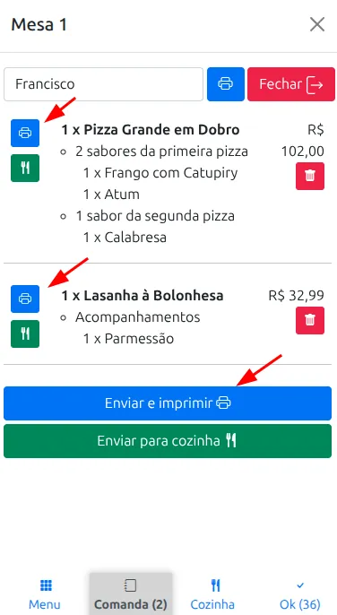 Enviar pedido imprimindo