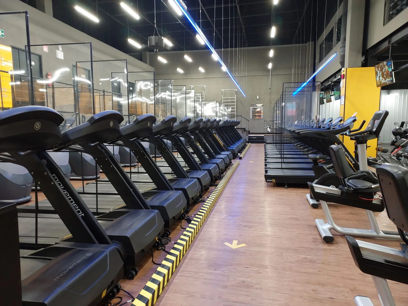 row of clean disinfected treadmills and cardio equipment
