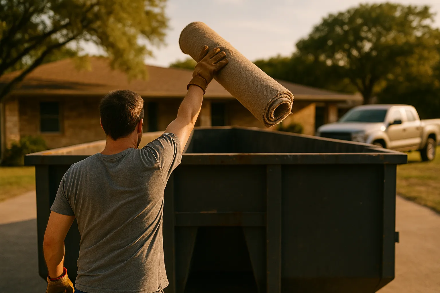 a man seen from behind tossing a rolled-up carpet into a roll-off dumpster in a sunny driveway