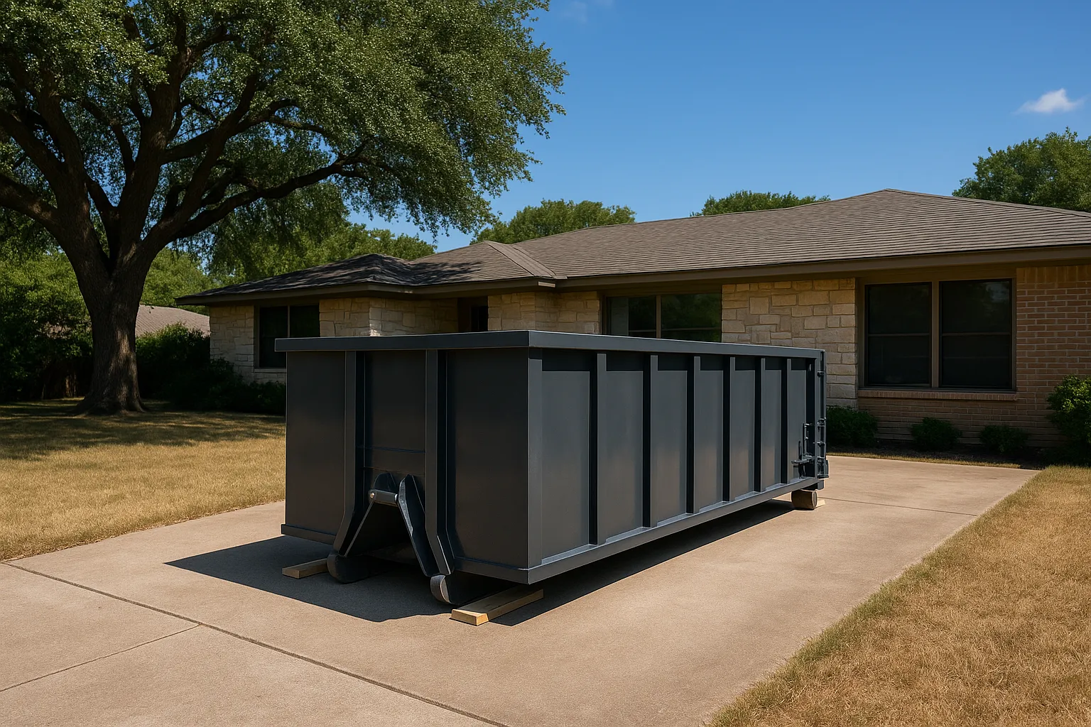a charcoal roll-off dumpster on boards in the driveway of a limestone ranch house under a live oak