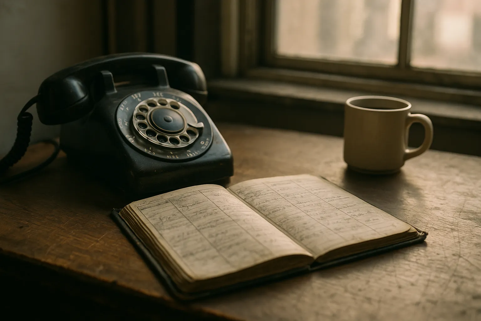 an old black rotary telephone beside an open appointment book and a coffee mug on a wooden desk