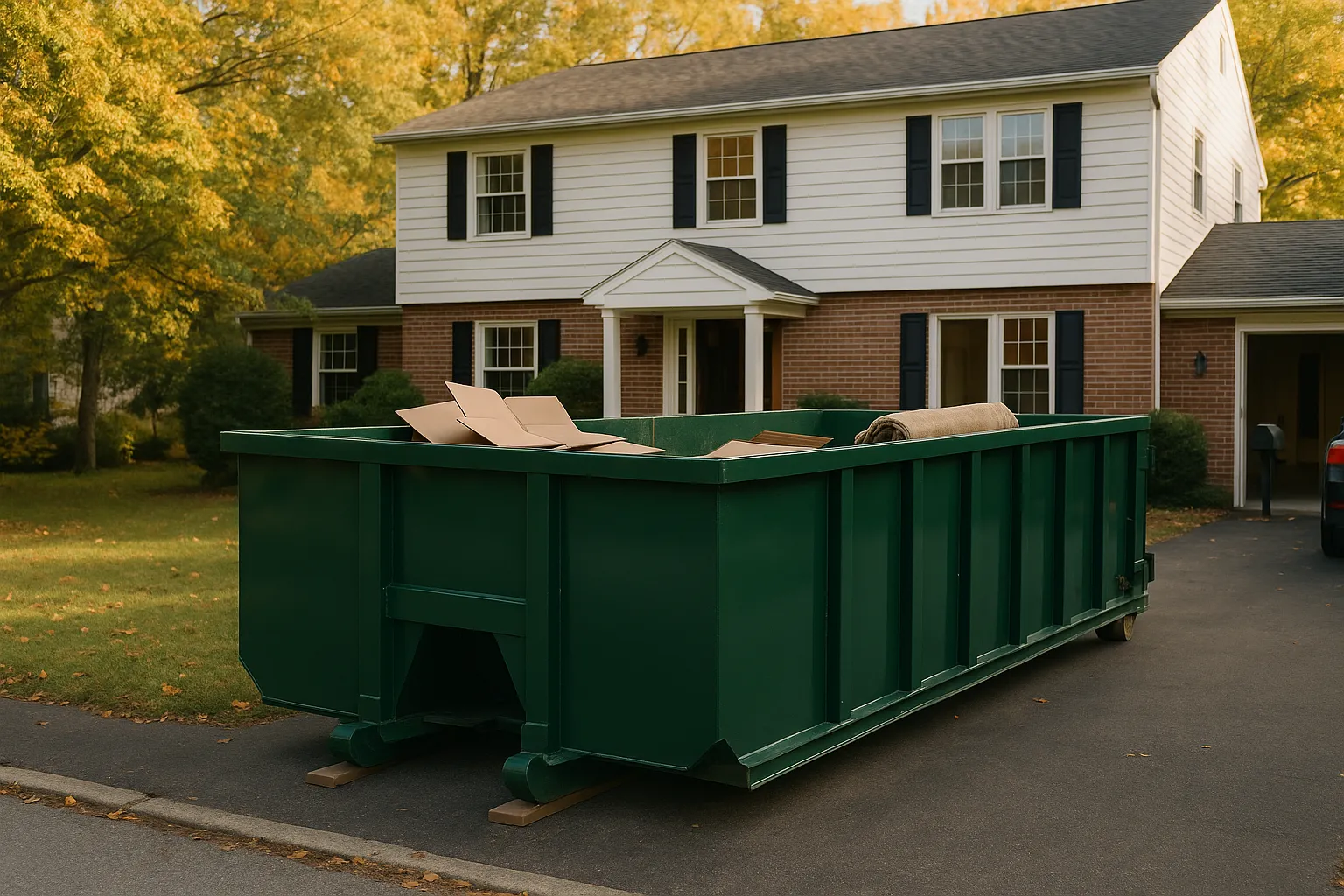 a green roll-off dumpster on wooden boards in the driveway of a two-story colonial house in autumn