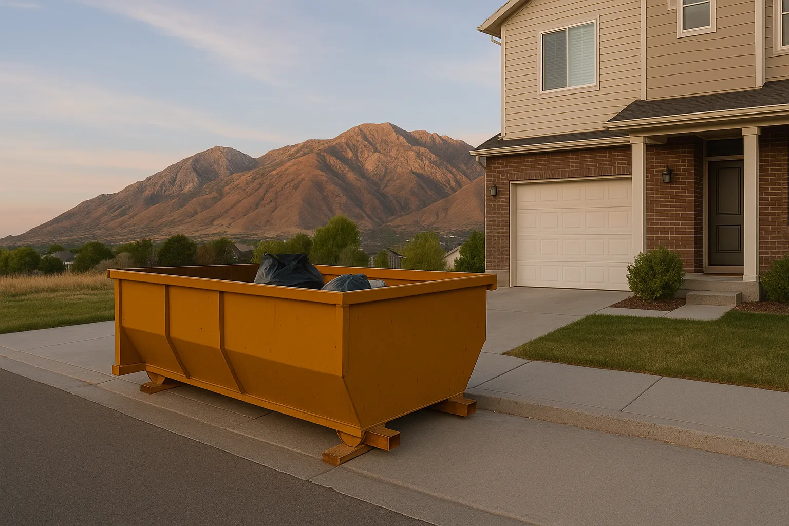 a small mustard-yellow mini dumpster on boards at the edge of a suburban driveway with mountains behind at dusk