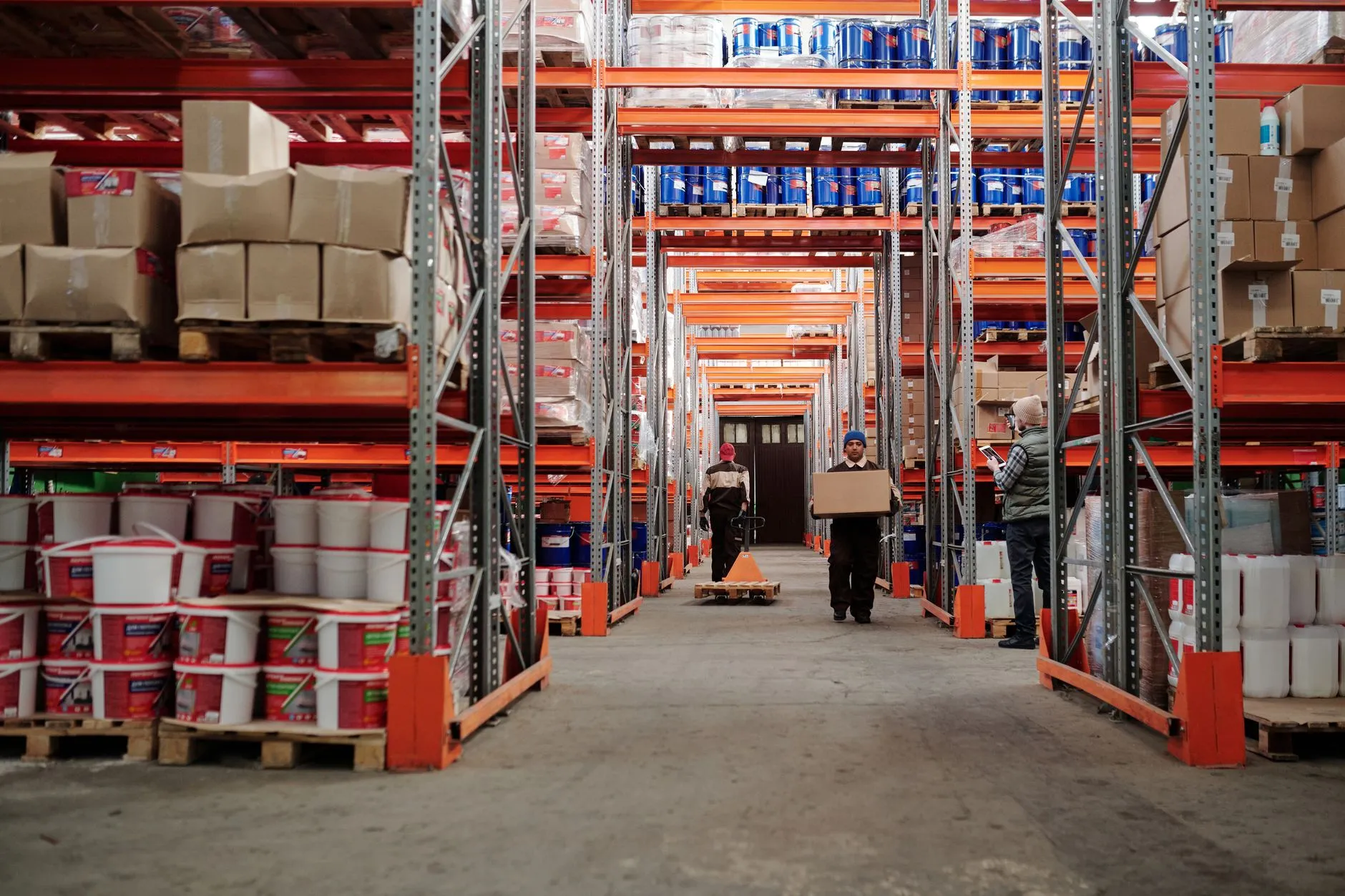 a racked warehouse aisle