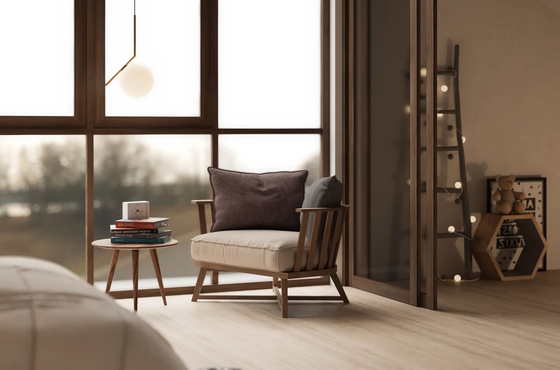 armchair beside a tall window in warm afternoon light
