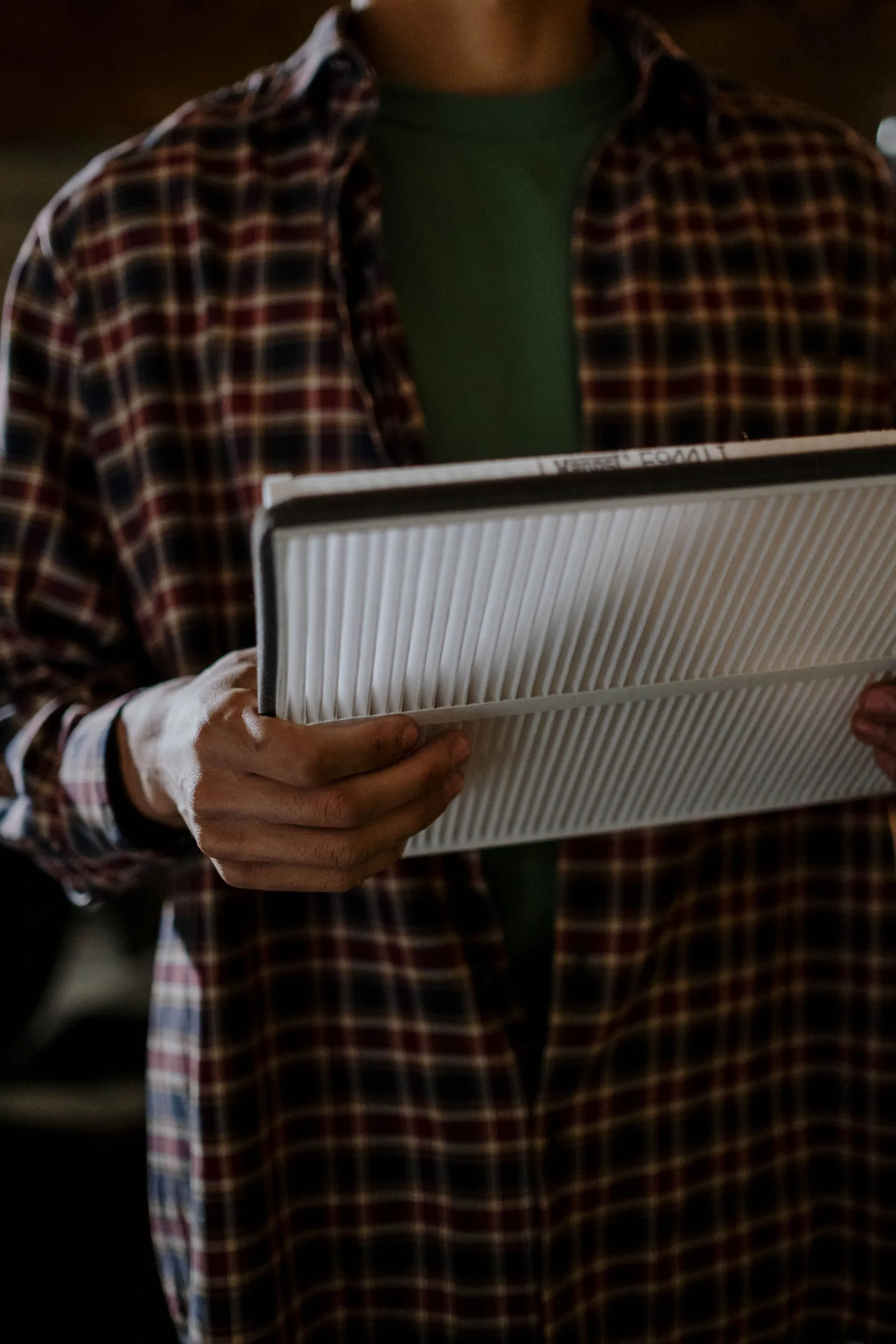 person in a plaid shirt holding a pleated air filter