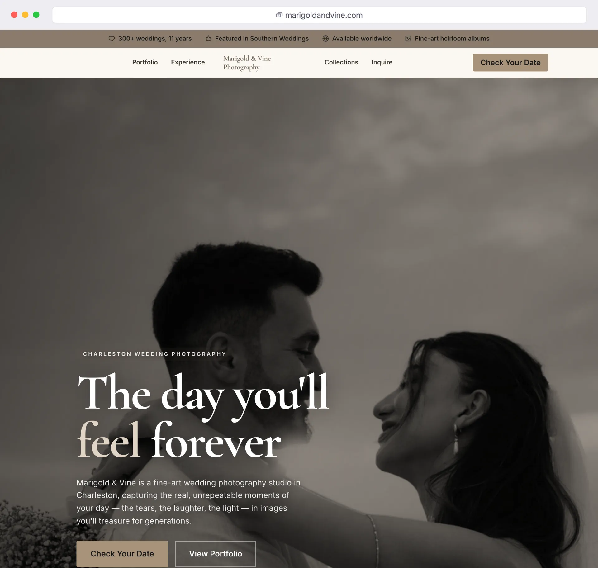 the Marigold & Vine wedding photography website shown in a browser window
