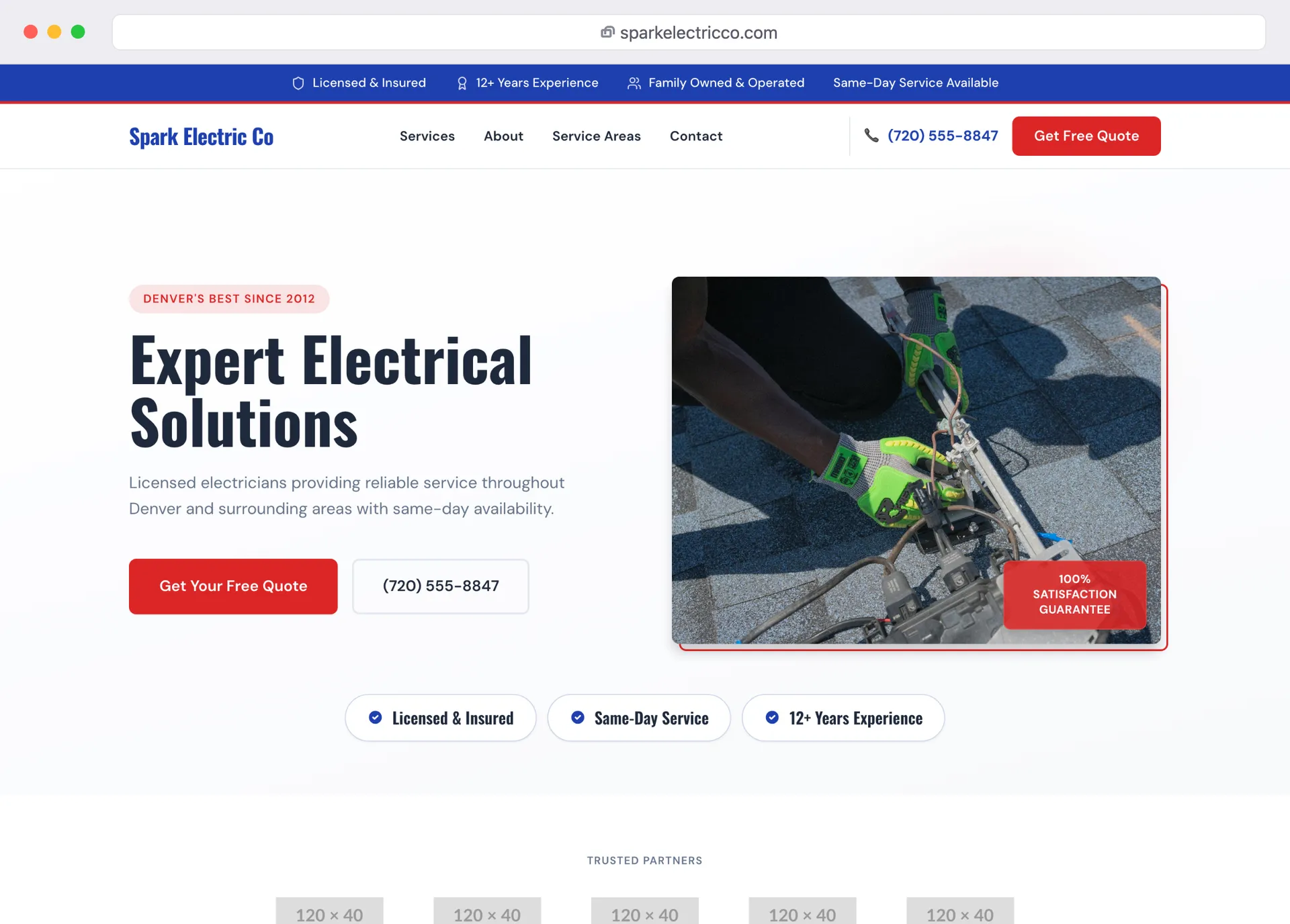 the Spark Electric Co website shown in a browser window