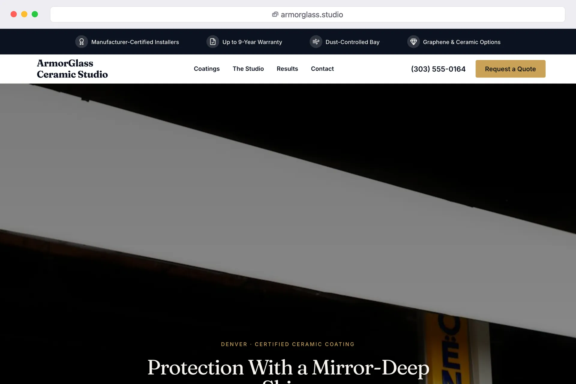 the ArmorGlass Ceramic Studio website shown in a browser window