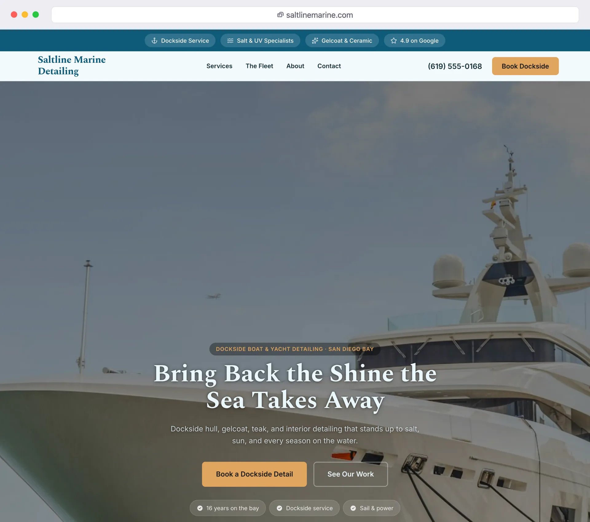 the Saltline Marine Detailing website shown in a browser window
