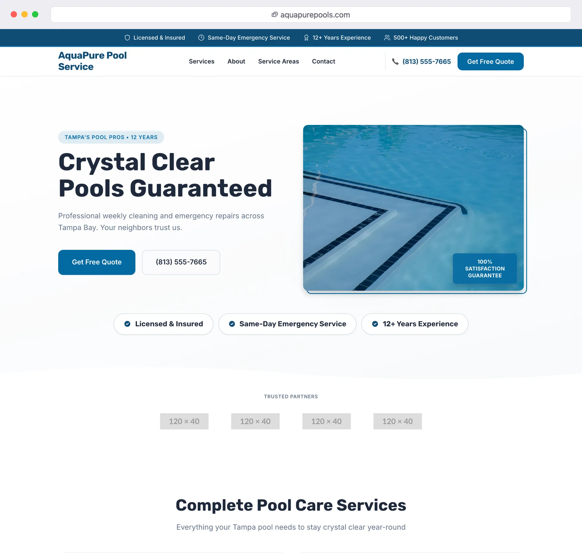 the AquaPure Pool Service website shown in a browser window