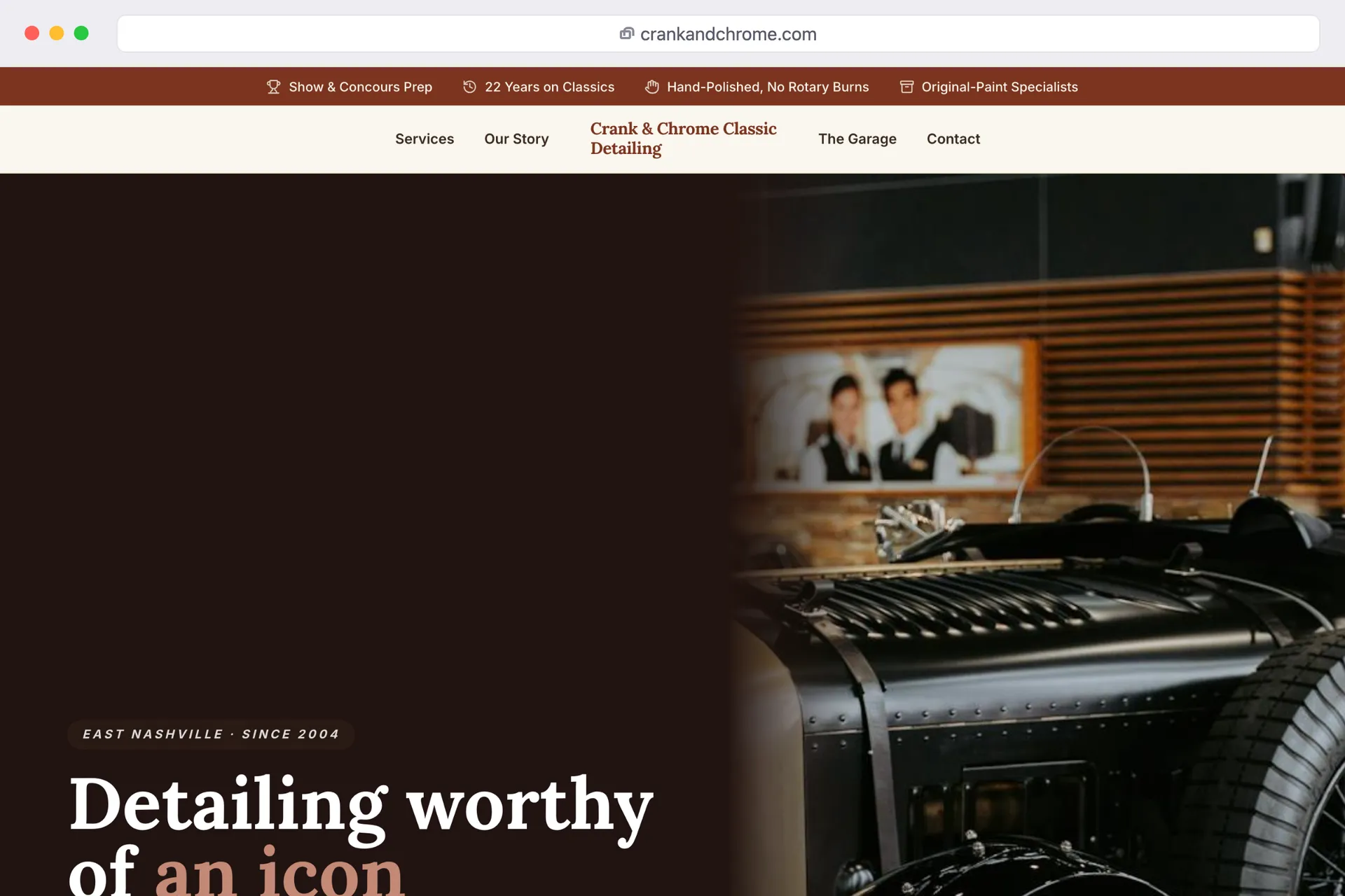 the Crank & Chrome Classic Detailing website shown in a browser window
