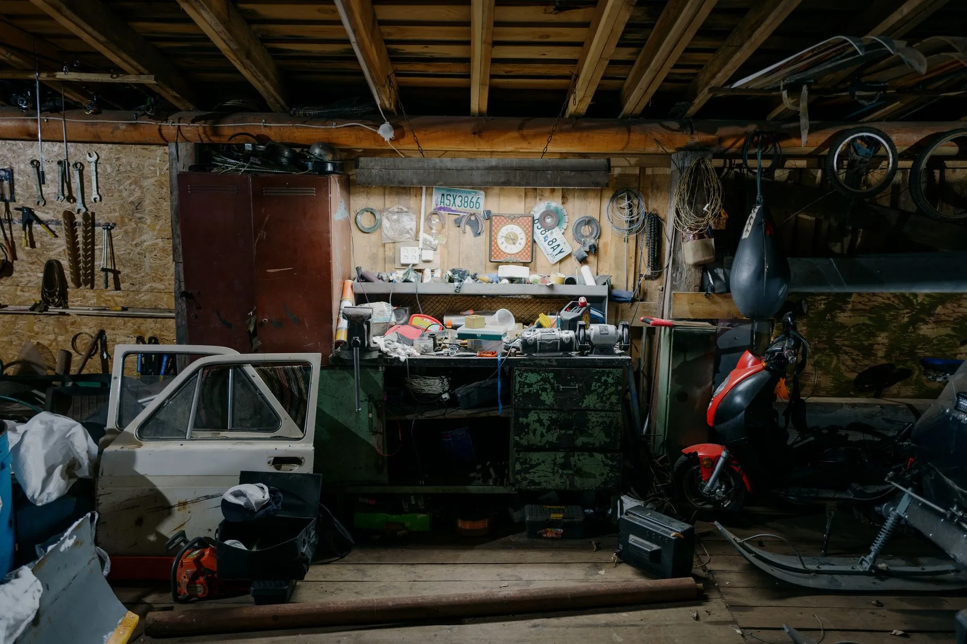 farm garage workshop with tools and benches