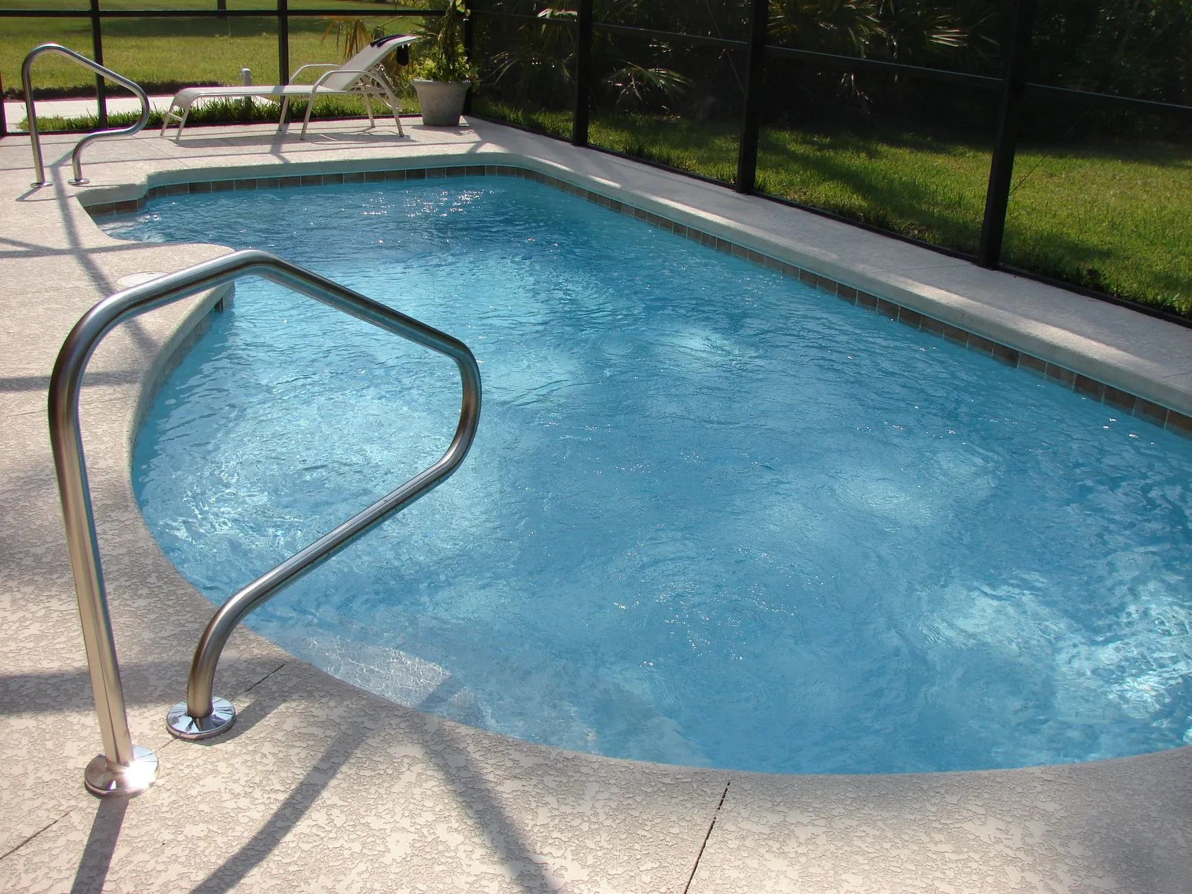 clear pool with a curved stainless handrail inside a screen enclosure