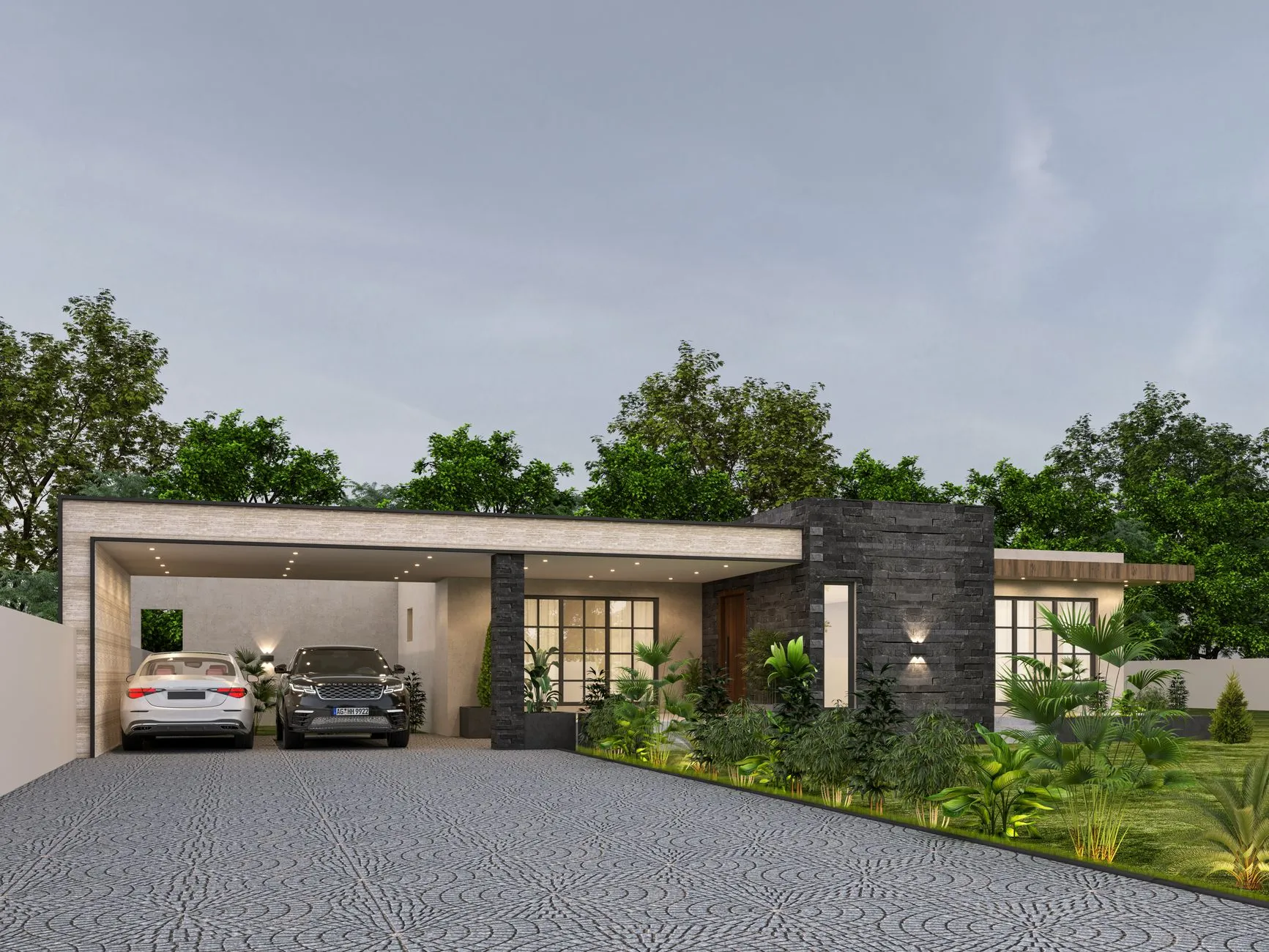 Single-story desert home with a two-car garage and tidy landscaping