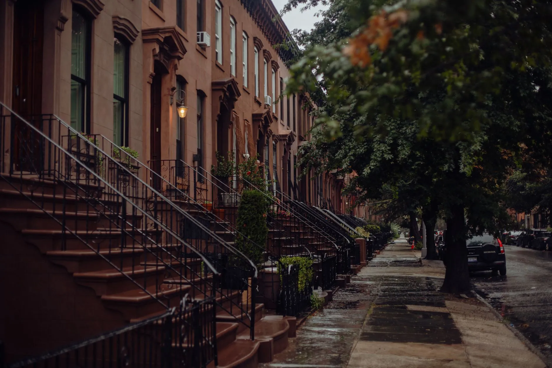 brownstone row houses with stoops along a tree-lined street
