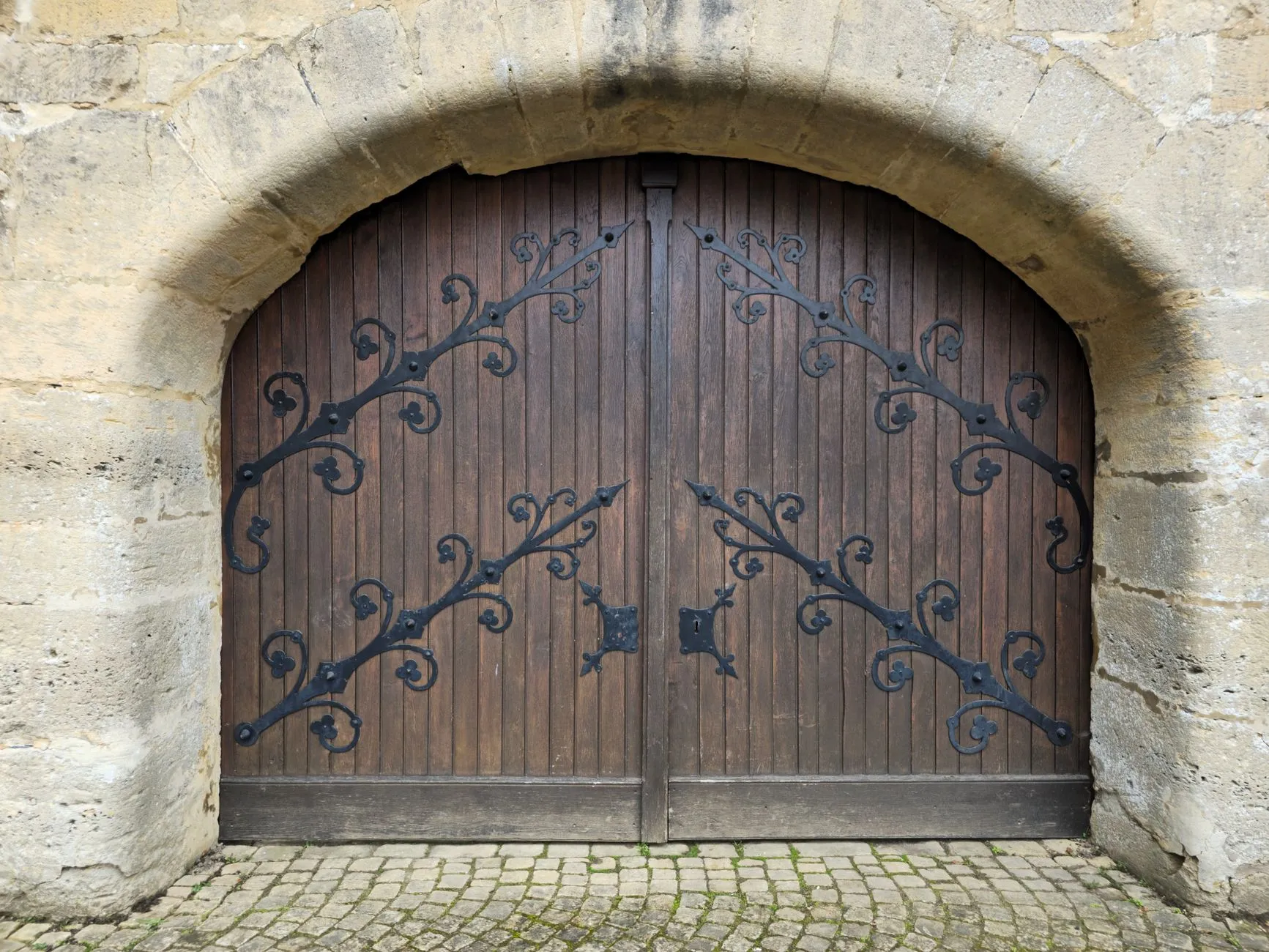 an arched timber gate with iron strap hinges