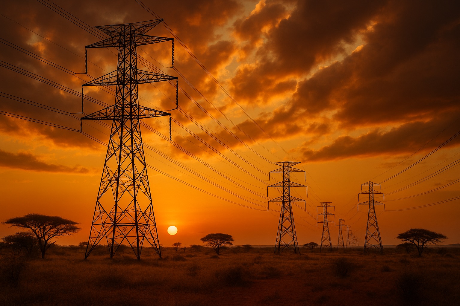 Power lines and a lit home at dusk