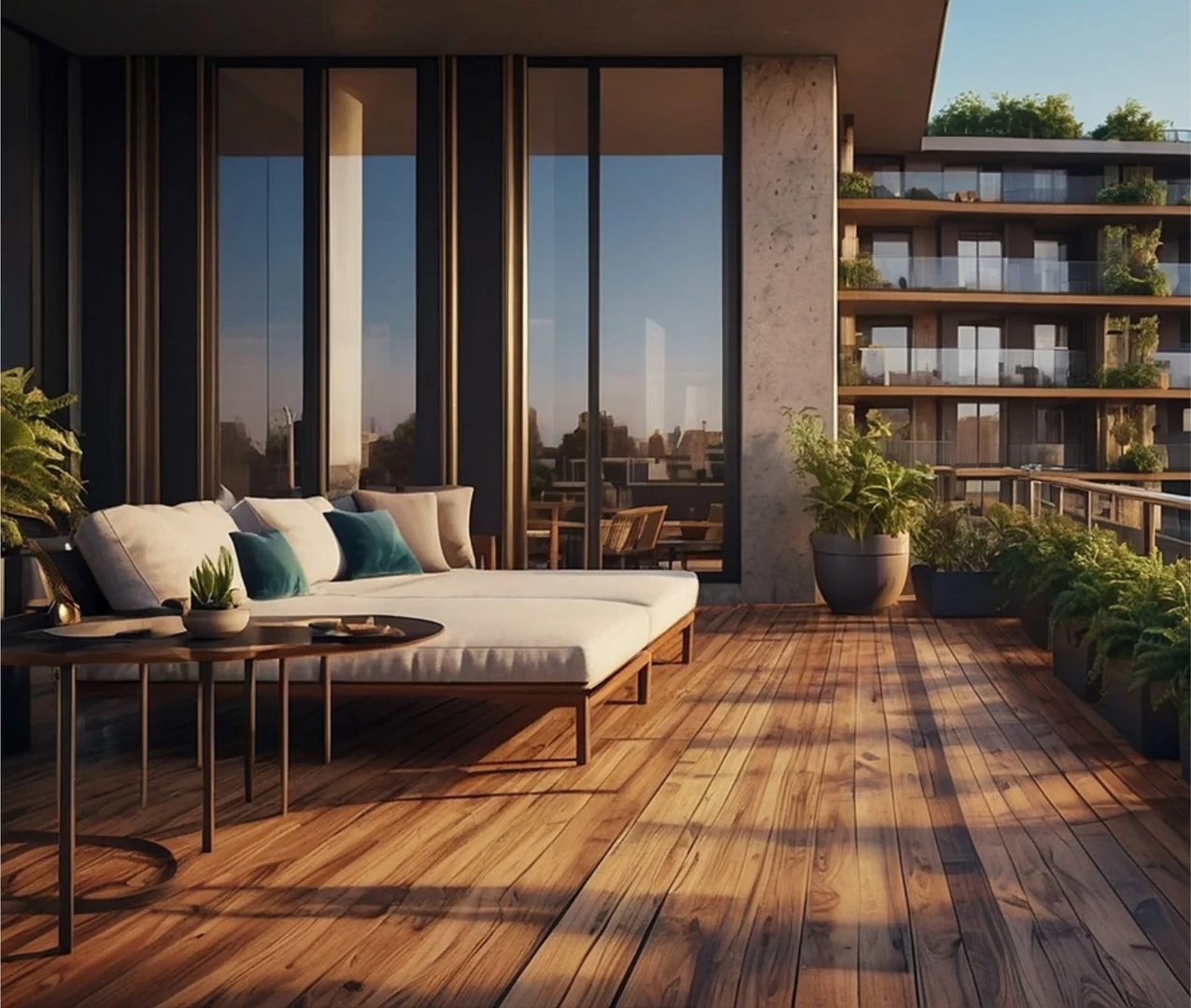 a view of a balcony with a couch and a table