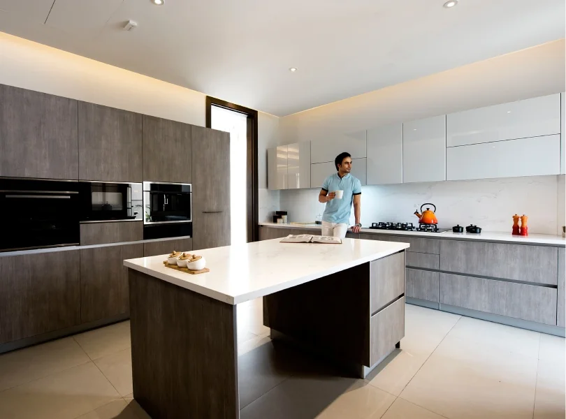 ATSKnightsbridge Noida, modern residential kitchen with island, integrated appliances.