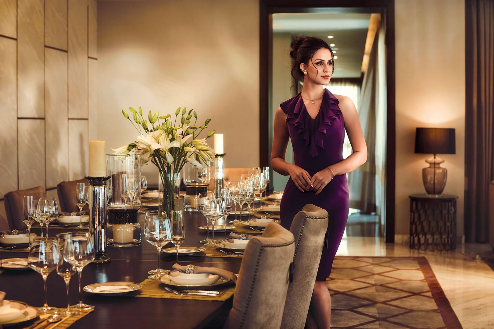 ATSKnightsbridge Noida elegant dining area, formal table setting.