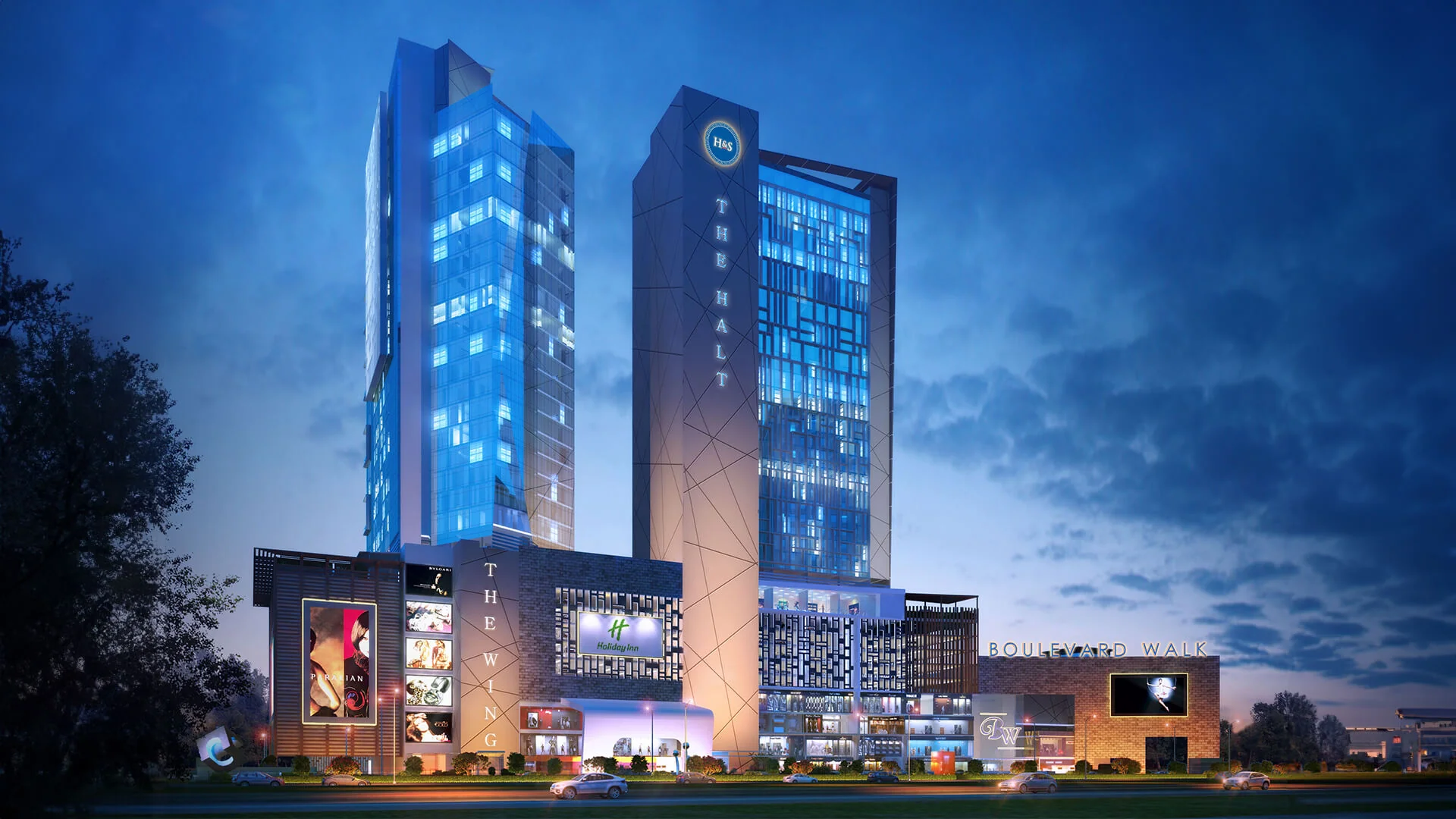 nighttime view of a large building with a lot of windows